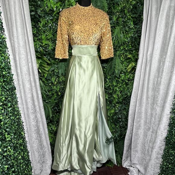 Elegant Dress Women 6 Gold Green High Neck Sequin Gown Layered Split Formal 2597 - Picture 1 of 9